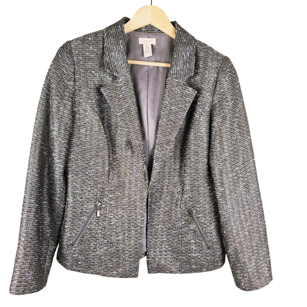 Chicos Metallic Tweed Blazer Size 0 US Small Jacket Blue Gray Pockets Office